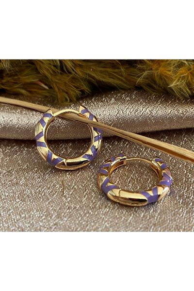 Markiz Takı Gold Purple Pattern Hoop Earrings (Inner Diameter 1.5 Cm)