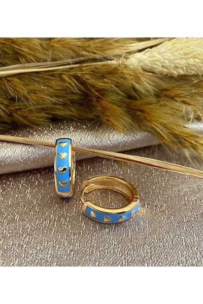 Markiz Takı Blue Heart Pattern Hoop Earrings (Inner Diameter 1.5 Cm)