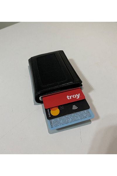 MKM Black Faux Leather Mechanical Wallet Card Holder