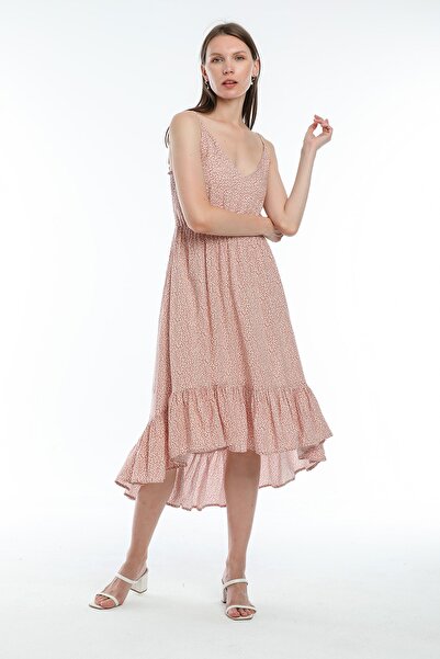 Hotfashion Kadın Pudra Pembesi Çiçek Desenli Önü Kısa Arkası Uzun Elbise