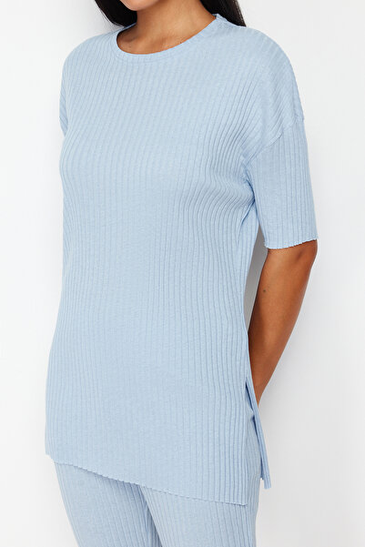 Trendyol Collection Set pijama tricotată cu snur albastru cu detaliu de fante THMSS24PT00178