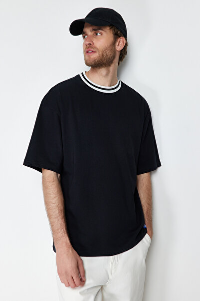 Trendyol Collection Labeled Black Oversize T-Shirt - Collar Detail, 100% Tan ...