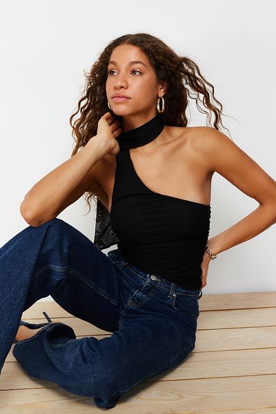 Trendyol Collection Black Halter Neck Gathered Lined Tulle Knitted Blouse TWOSS24BZ00202