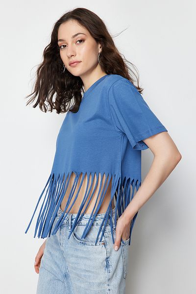 Trendyol Collection Indigó 100% pamut bojt részletes kötött póló TWOSS24TS00036