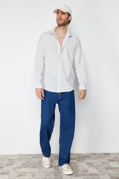Trendyol Collection Marineblaues gestreiftes Hemd aus Leinenmischung - Regular Fit TMNSS23GO00134