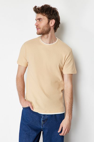 Trendyol Collection Μπλουζάκι Basic Beige - 100% βαμβάκι, κανονική εφαρμογή TMNSS24TS00132