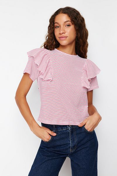 Trendyol Collection Fuchsia Ecru Striped Ruffle Detailed Regular/Normal Pattern Knitted T-Shirt TWOSS24TS00061
