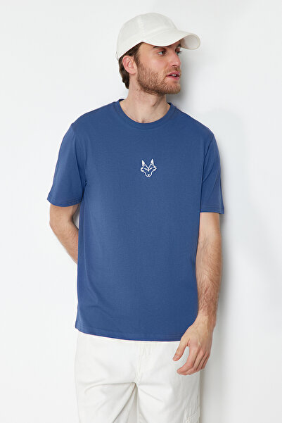 Trendyol Collection Indigó farkas hímzés - 100% pamut normál szabású póló TMNSS24TS00056