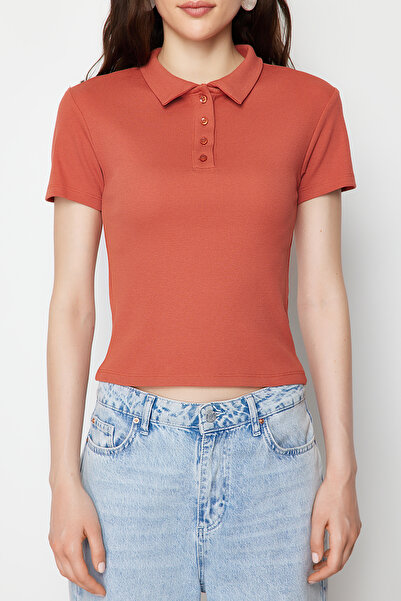 Trendyol Collection Cinnamon Polo Collar Buttoned Short Sleeve Stretchy Ribbed Knitted Blouse TWOSS24BZ00111