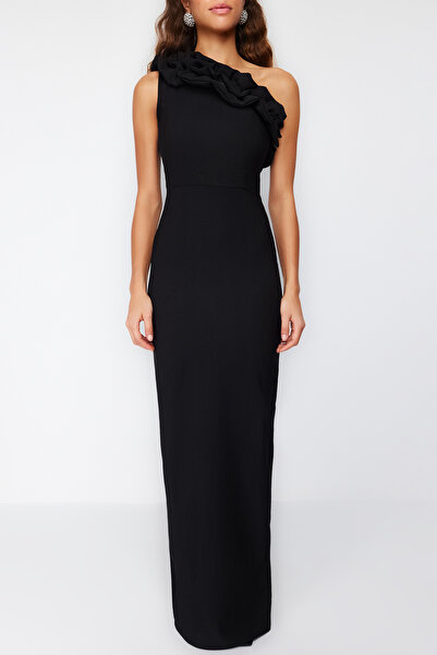Trendyol Collection Μαύρη φόδρα Flounces Υφαντό Μακρύ Κομψό Βραδινό Φόρεμα Νυχτερινό Φόρεμα Αποφοίτησης TPRSS21AE0044