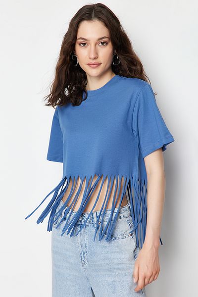 Trendyol Collection Indigó 100% pamut bojt részletes kötött póló TWOSS24TS00036