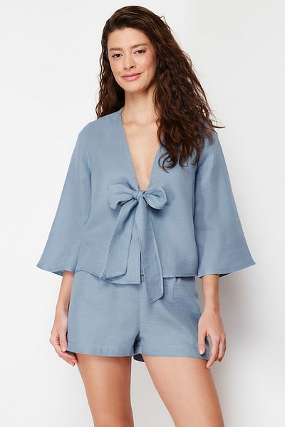 Trendyol Collection Set de pijamale țesute, albastru, 100% bumbac, cu șireturi/panglică/fundă, cu pantaloni scurți de muselină THMSS24PT00077