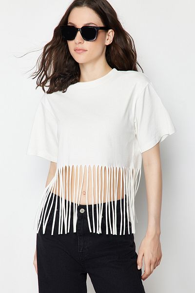 Trendyol Collection Detailní pletené tričko Ecru ze 100% bavlny TWOSS24TS00036