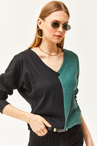 Olalook Dámská volná halenka s černo-zelenou blokovanou košilí BLZ-19002519