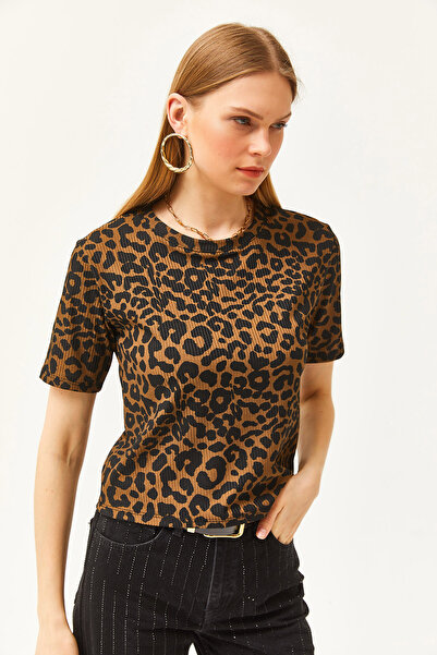 Olalook Γυναικείο πλεκτό μπλουζάκι Leopard Mink Ribbed Crop TSH-19000328