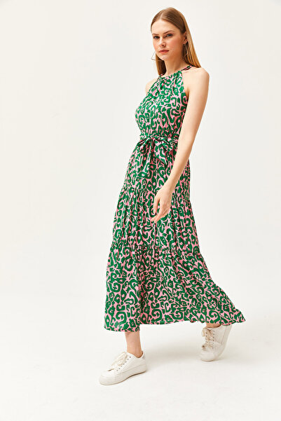 Olalook Dámské etnické Emerald Powder Halter Límec Tkané viskózové šaty ELB-19001548