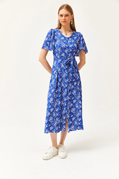 Olalook Γυναικείο πλεκτό φόρεμα Daisy Saks Μπλε με V λαιμόκοψη με κουμπιά ELB-19002048