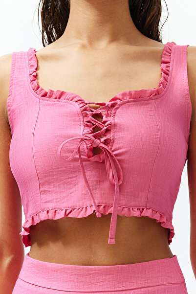 Trendyol Collection Fukszia szőtt fodros blúz szoknya szett TBESS21AU0093