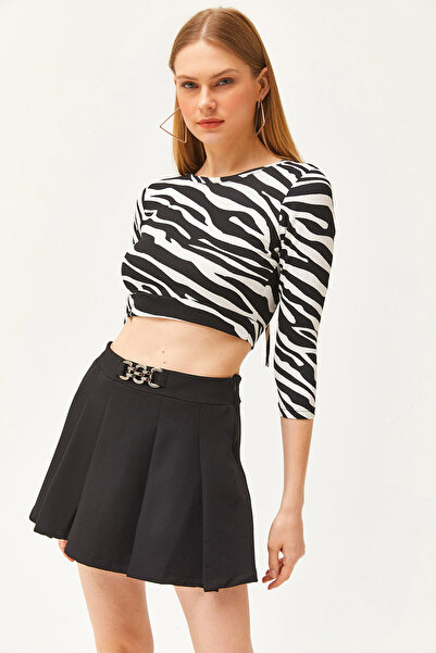 Olalook Women's Black Pleated Mini Bell Skirt with Accessory Waist ETK-19000255