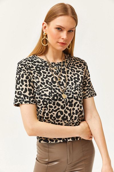 Olalook Γυναικείο πλεκτό μπλουζάκι Leopard Stone Ribbed Crop TSH-19000328