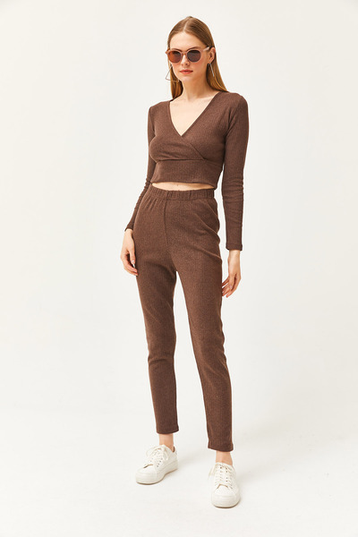 Olalook Жіночі гіркий коричневий низ легінси верхній двобортний блузка На флісі костюм TKM19000261