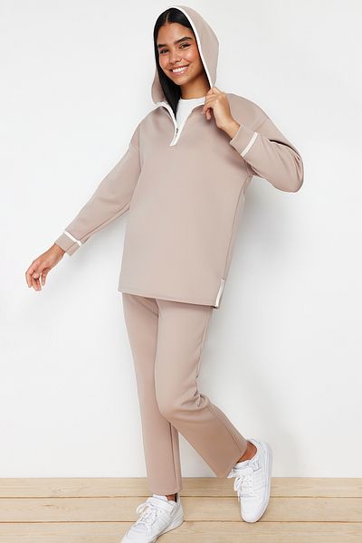 Trendyol Modest Detailní potápěčský/potápěčský pletený oblek s proužkem Stone Hooded Stripe TCTSS24US00038
