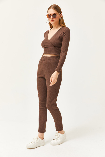 Olalook Жіночі гіркий коричневий низ легінси верхній двобортний блузка На флісі костюм TKM19000261