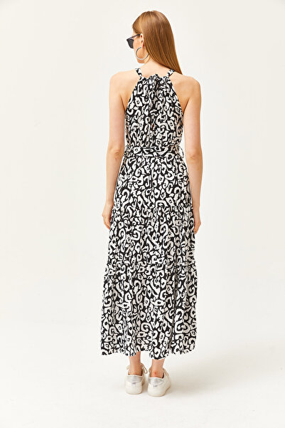 Olalook Dámské etnické černobílé šaty z viskózy s límečkem a páskem ELB-19001548