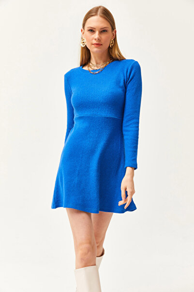 Olalook Kadın Saks Mavi Bisiklet Yaka Eteği Kloş Fitilli Elbise ELB-19002029