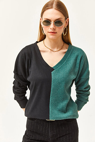 Olalook Dámská volná halenka s černo-zelenou blokovanou košilí BLZ-19002519