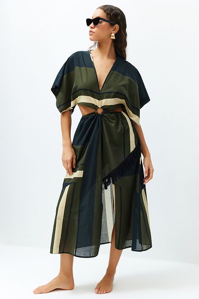 Trendyol Collection Ριγέ Φαρδιά Εφαρμογή Midi υφαντό κόψιμο/παράθυρο 100% βαμβακερό φόρεμα παραλίας TBESS24EL00032