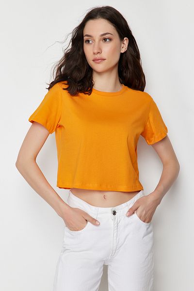 Trendyol Collection Antracit-narancssárga 2 csomagos 100% pamut Crop Crew nyakú kötött póló TWOSS20TS1480