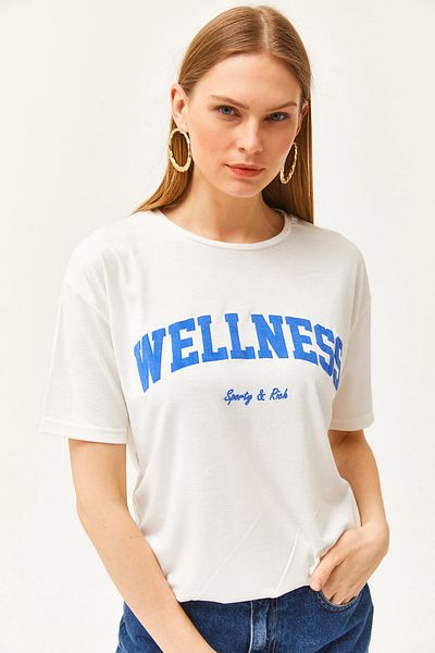 Olalook Women's Ecru Saks Blue Wellness Printed T-Shirt TSH-19000775