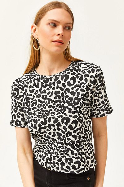 Olalook Dámské leopardí bílé pletené tričko se šňůrkou TSH-19000328