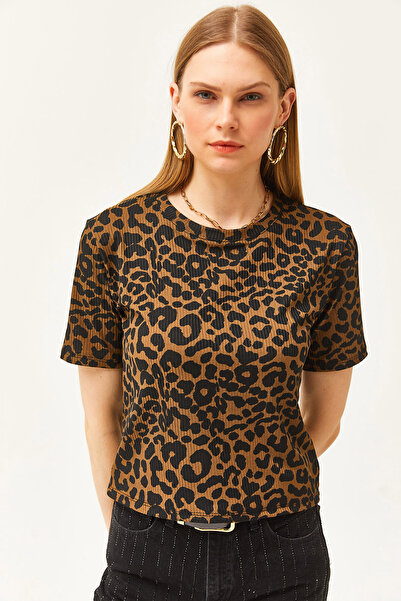 Olalook Γυναικείο πλεκτό μπλουζάκι Leopard Mink Ribbed Crop TSH-19000328