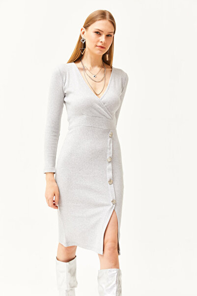 Olalook Graues Damen-Zweireiher-Kleid mit Kragen, Schlitz und Knopfleiste, ELB-19002052