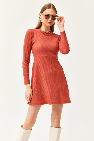 Olalook Kadın Kiremit Bisiklet Yaka Eteği Kloş Fitilli Elbise ELB-19002029