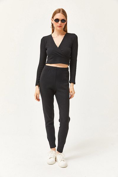 Olalook Damen Zweireiher Bluse mit Kapuze und Unterteil in Schwarz TKM-19000261