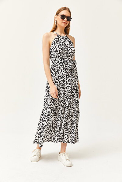 Olalook Dámské etnické černobílé šaty z viskózy s límečkem a páskem ELB-19001548