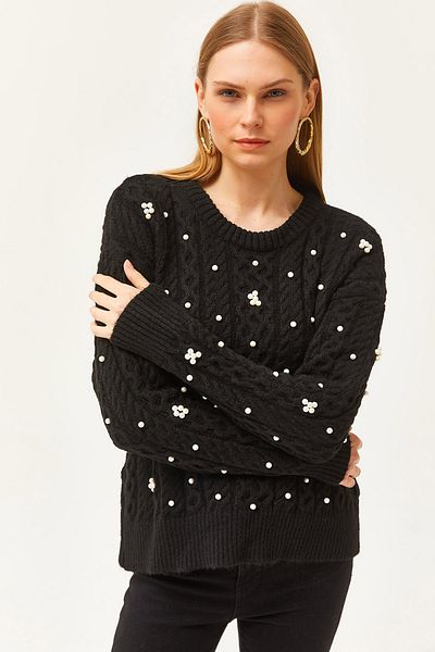 Olalook Pulover din tricotaje cu textura moale pentru femei, împletit cu păr negru KZK-19000803