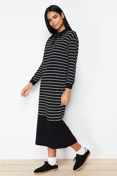 Trendyol Modest Black Oversize Polo Neck Knitted Striped Dress Tctss24Eb00121