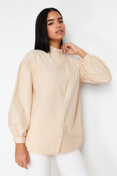 Trendyol Modest Stone Gathering Detailed Cotton Basic Woven Shirt TCTSS24TG00055