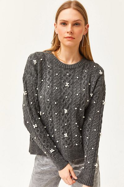 Olalook Damenpullover aus geräuchertem Haar mit geflochtenen Perlendetails und weicher Textur KZK-19000803