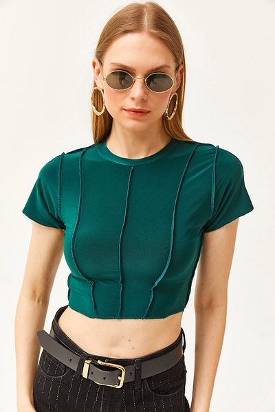 Olalook Γυναικεία Emerald Green Pieced Crop Sandy Μπλούζα BLZ-19002522