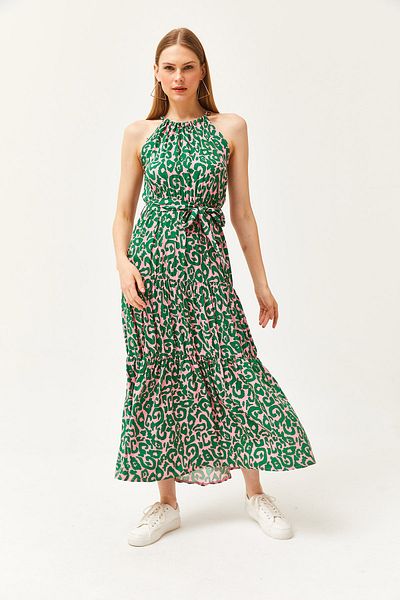 Olalook Dámské etnické Emerald Powder Halter Límec Tkané viskózové šaty ELB-19001548