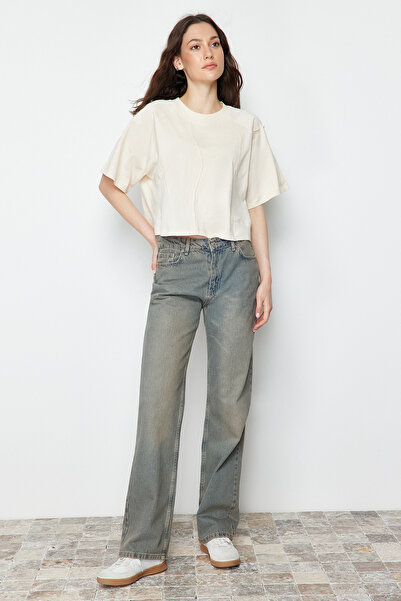 Trendyol Collection Stone 100% Thick Cotton Cut-Out Detail Relaxed/Casual Fit Crop Knitted T-Shirt Twoss24Ts00025