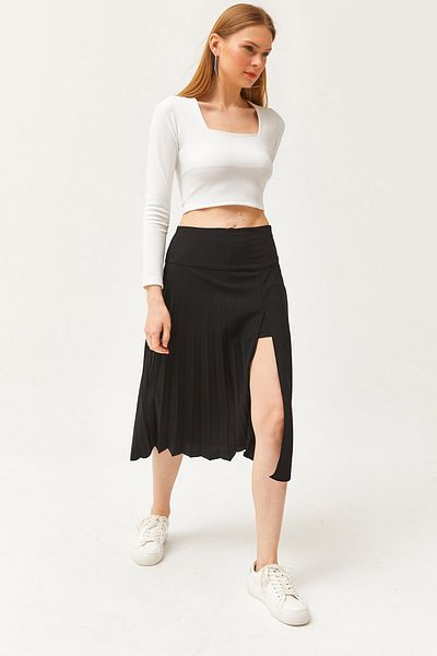 Olalook Fustă midi cu pliuri, neagră, cu pantaloni scurți, pentru femei ETK-19000254