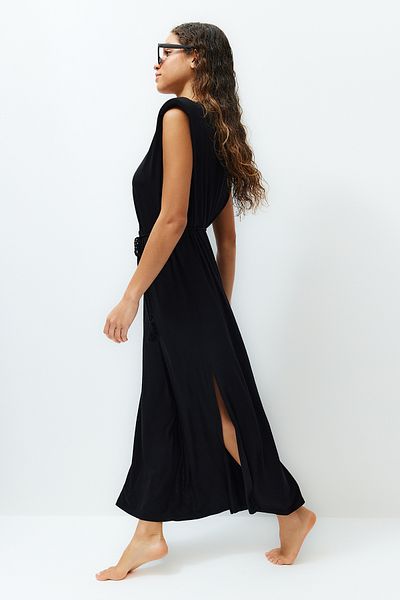 Trendyol Collection Černé maxi pletené plážové šaty s kravatou TBESS24EL00088