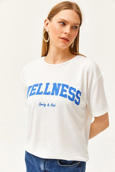 Olalook Women's Ecru Saks Blue Wellness Printed T-Shirt TSH-19000775