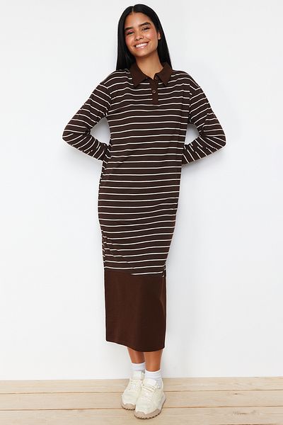 Trendyol Modest Knitted Striped Oversize Polo Collar Dress - Brown TCTSS24EB00121